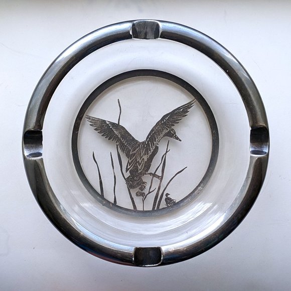 Vintage Silver City Glass Co. Sterling Silver Overlay On Crystal Ducks Ashtray - Picture 1 of 4